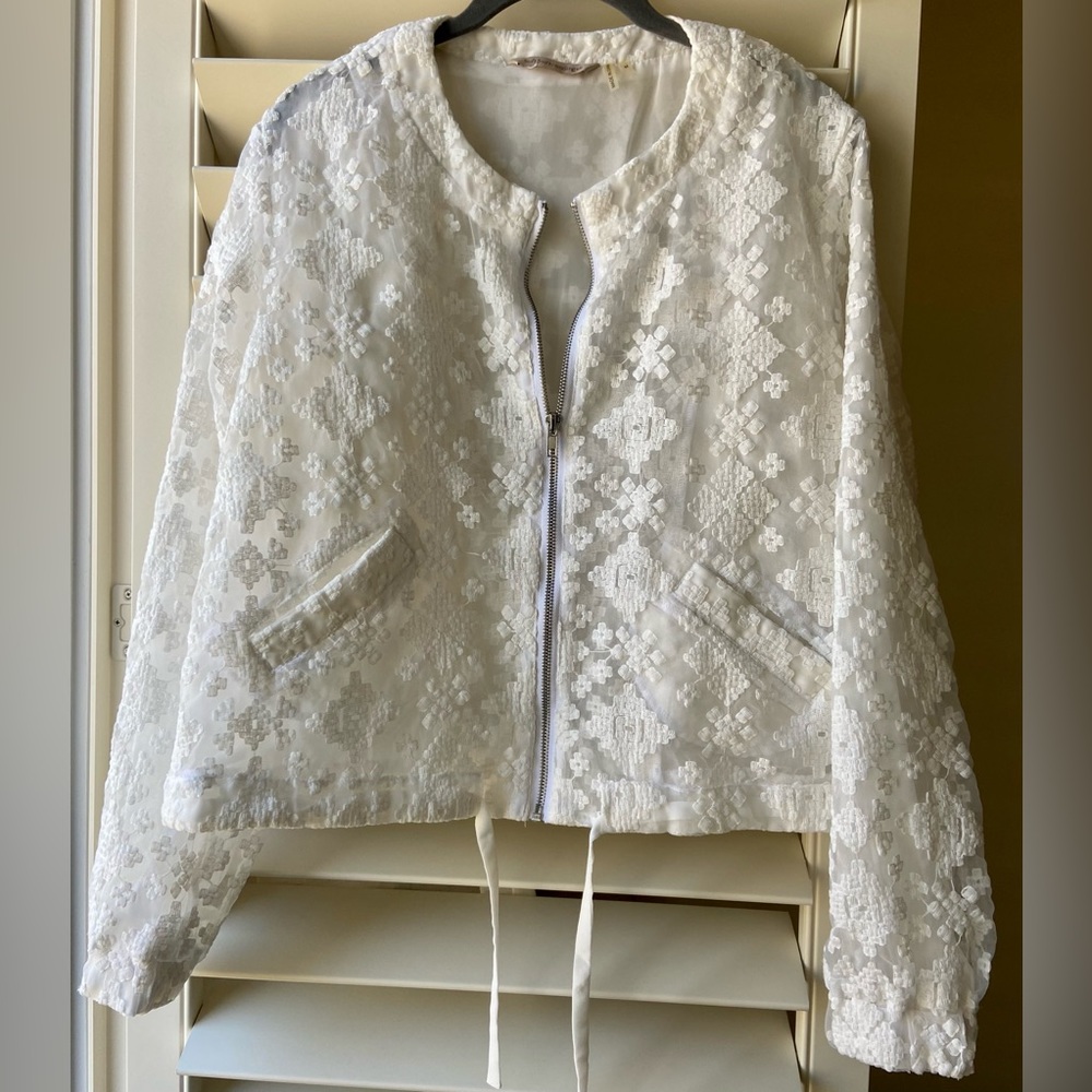 SOFT SURROUNDINGS lace embroidered lined jacket MED WHITE zipper pockets ex cond